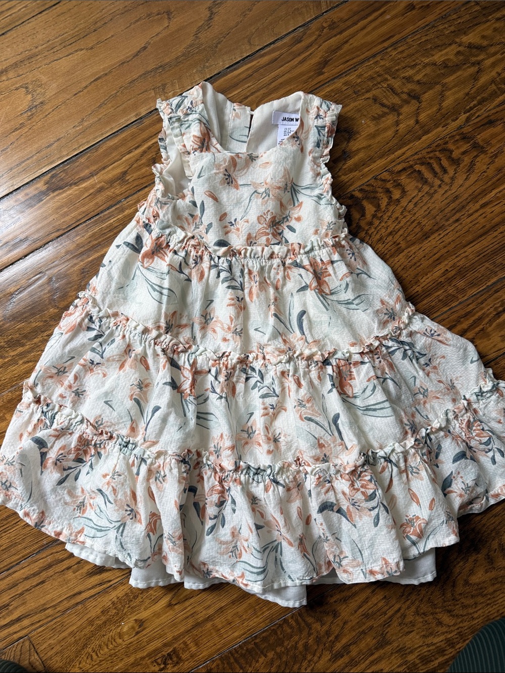 Floral Ruffle Tiered Girls Dress - White with Peach & Green